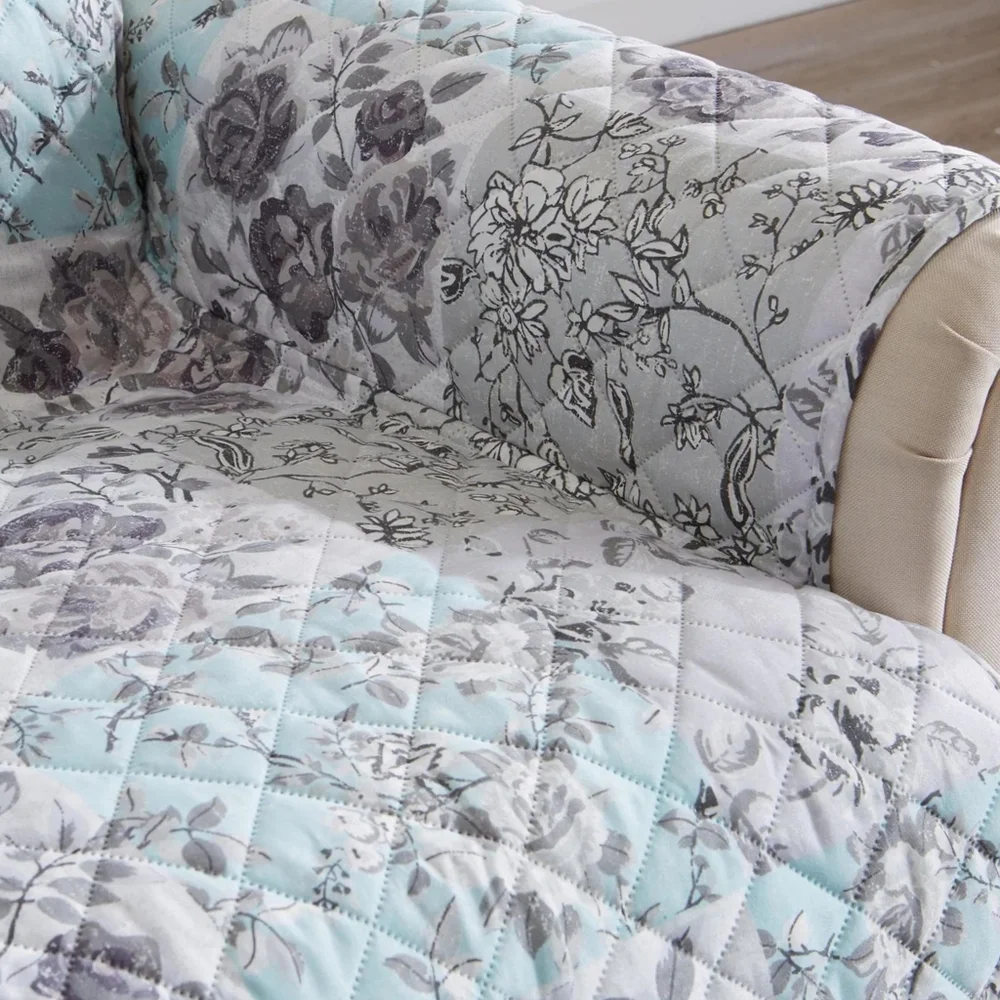 Maribel Collection NWT Reversible Floral Quilt Furniture Protector In Grey/Blue